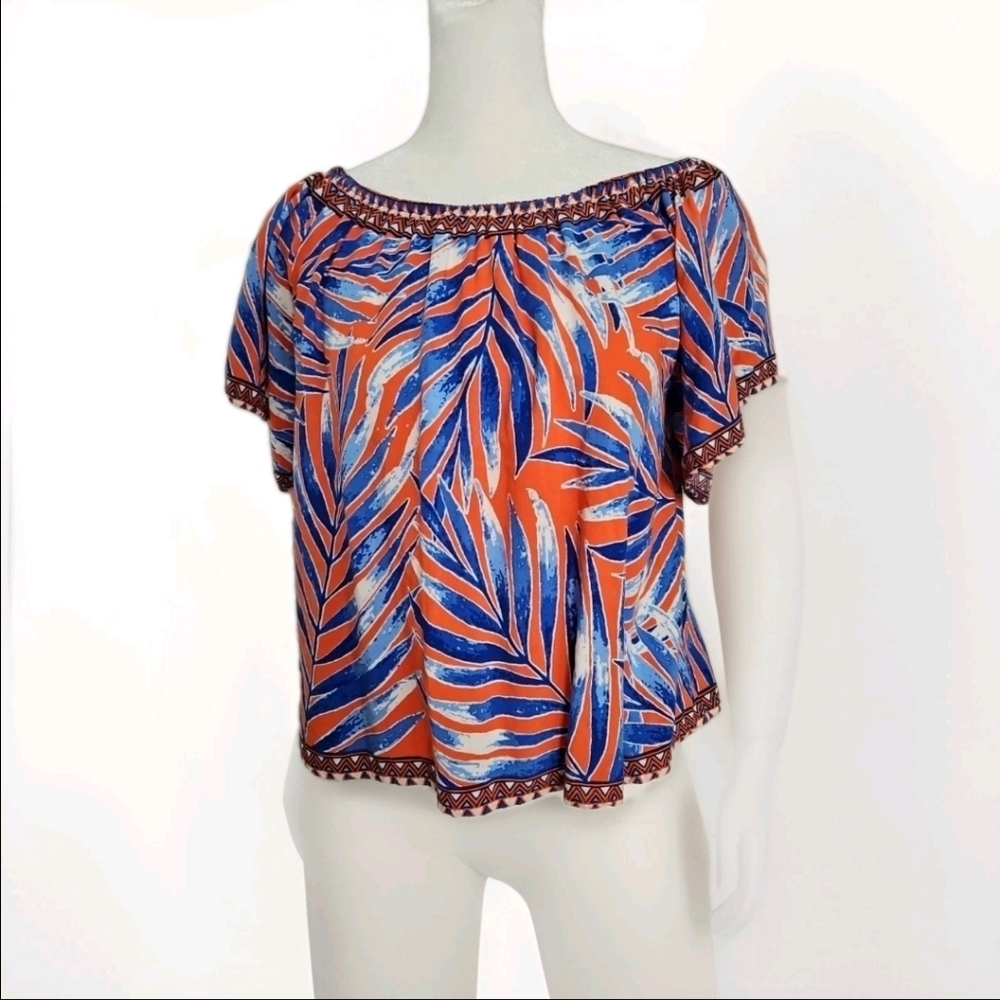 Flying Tomato Tropical Leaf Print Blouse XS Orange Blue Off Shoulder Boho Top - Picture 2 of 11